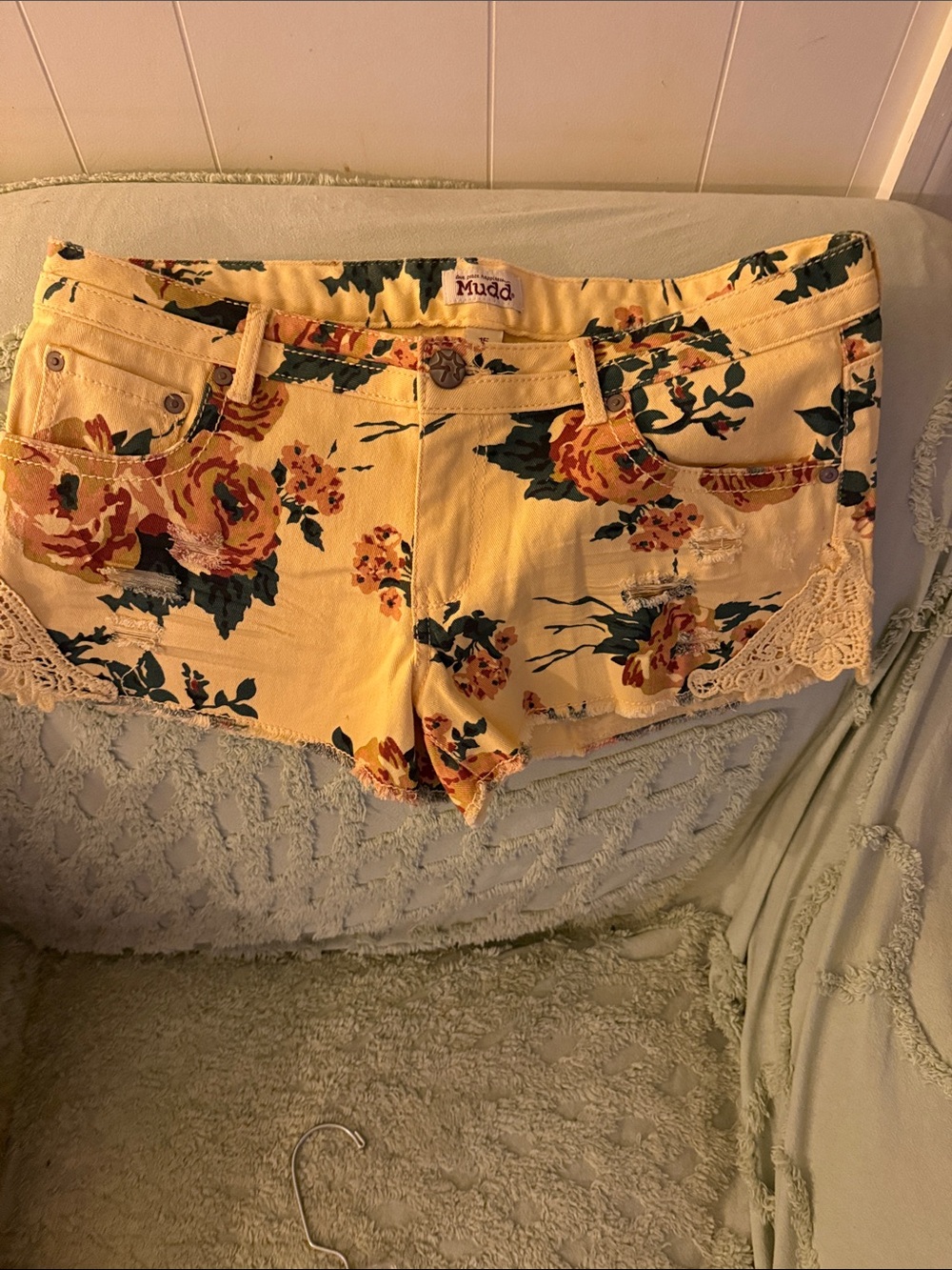 Mudd Yellow Floral Lace-Trim Jean Shorts